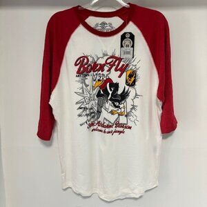 Born Fly Anytown Red White Raglan T Shirt Streetwear Bird Urban Graphic Pop NWT